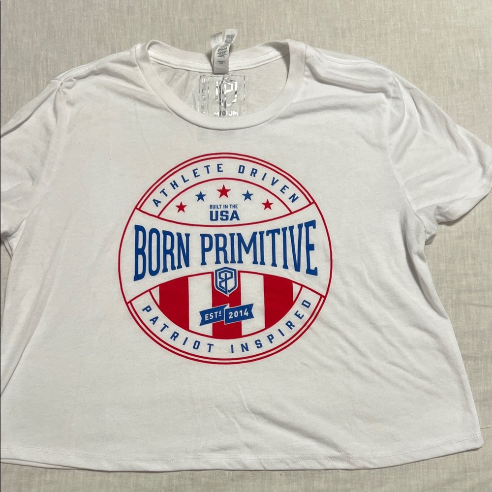 Born Primitive Cropped White Tee with Red and Blue Graphic